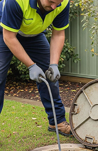 Plumber Using Drain Auger Manhole